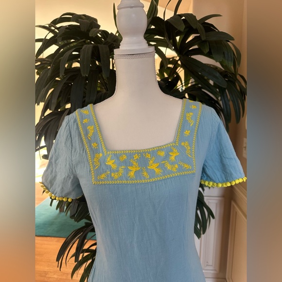 ๐๐Boden Bernadette Embroidered Heron Blue & Yellow Square Neck Dress 2๐๐ - Picture 3 of 10